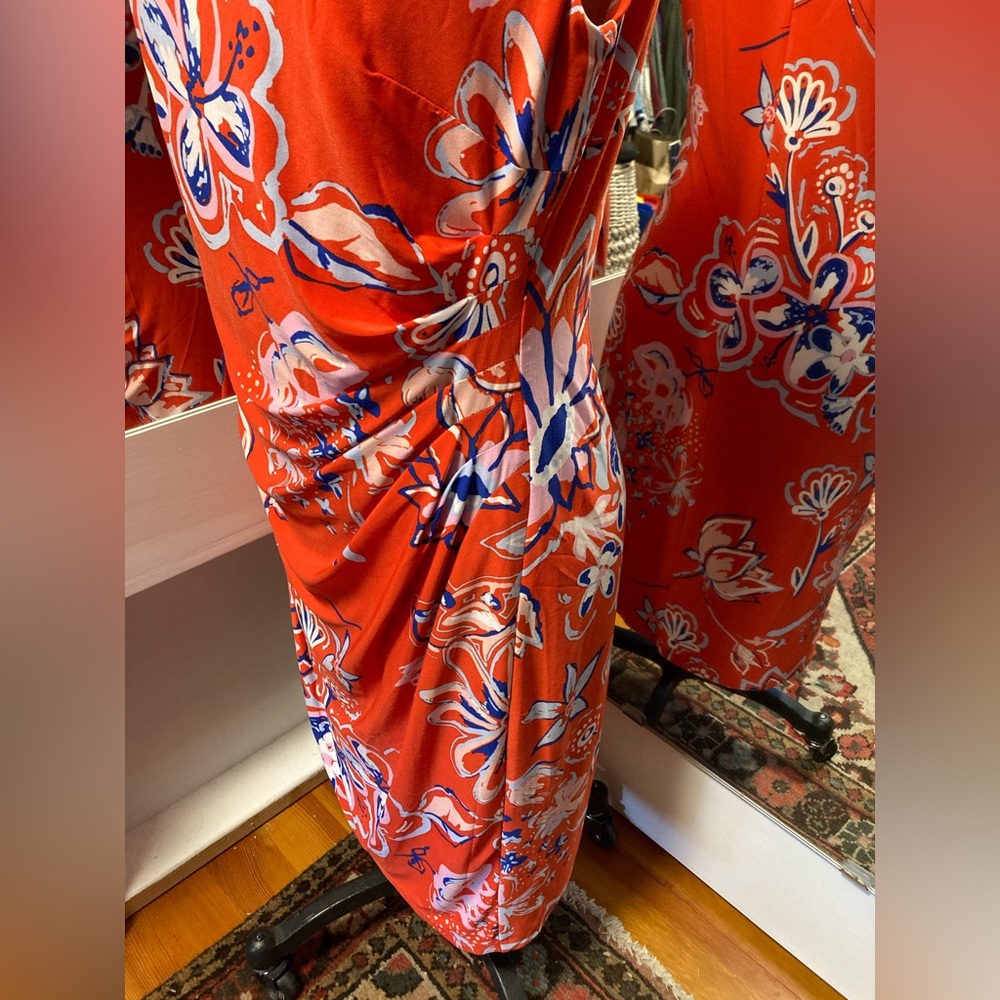 Chaps Bright Orange Midi Floral Dress w Side Ruching, Size Large - Picture 2 of 12